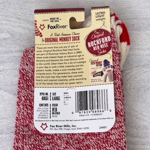 Two Pairs RED Rockford Red Heel Socks LARGE Sock Monkey USA Fox River Mills NEW - Picture 4 of 5
